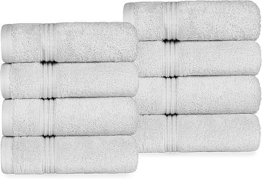Superior Egyptian Cotton 8-Piece Hand Towel Set, Towel Basics For Quick Dry, Absorbent Small Towels, Facial, Spa, Kitchen, Bathroom Essentials, Apartment, Guest Bath, Soft, Washcloth, Silver