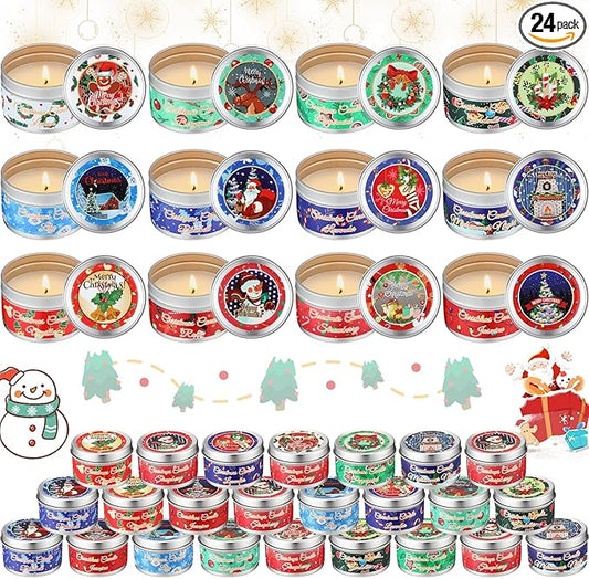 MTLEE 24 Pcs Christmas Candles Bulk 2 oz Scented Candles Gift Set with 12 Fragrances - Soy Wax Christmas Candle Tins for Women, Mom, Holiday Aromatherapy