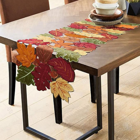 OWENIE Fall Table Runner - Thanksgiving, Farmhouse Embroidered Maple Leaves, 13 x 54 Inch, Orange