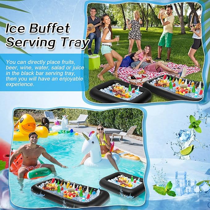 Leitee 4 Pcs Inflatable Ice Serving Bars Buffet Serving Tray Drink Cooler for Pool Party Inflatable Ice Tray Floating Food Drink Containers with Drain Plug and a Hand Pump, 2 Sizes