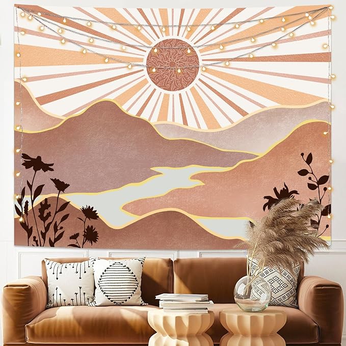 Lunerfex Boho Sun Tapestry Sunset Wall Tapestry, Mountain Tapestries for Bedroom 80s Tapestries Wall Hanging for Bedroom Living Room Wall Decor Boho-1 70"x90"
