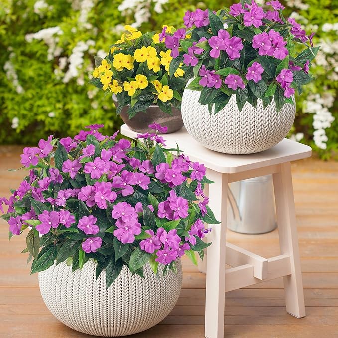 Artificial Impatiens Bouquet Flowers for Outdoors Silk Faux Flowers for Outdoor Impatiens Plants Decor Indoor Planters Kitchen Planters and Balcony Decorations 2PCS (Purple)
