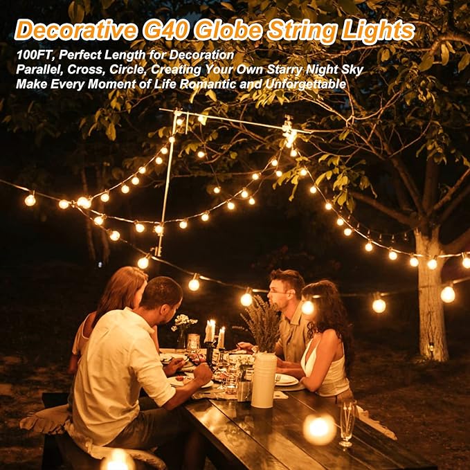 200ft(100 * 2) Outdoor G40 LED Globe String Lights Dimmable Waterproof Shatterproof Light Strings with 103 Bulbs Connectable Commercial Hanging Lights for Christmas Patio House Backyard Balcony Party