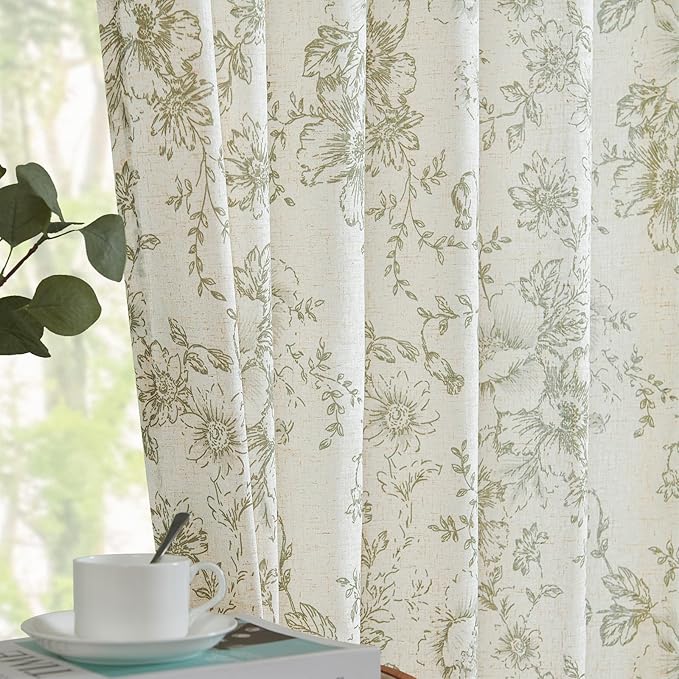 jinchan Linen Floral Curtains Extra Wide for Patio Sliding Glass Door Room Divider Curtain for Living Room 90 Inch Length Farmhouse Peony Green Printed Curtain Set 1 Panel