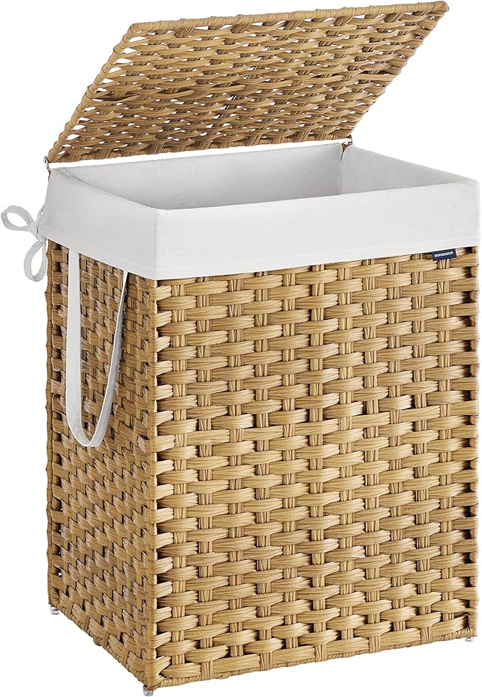 SONGMICS Laundry Hamper with Lid, 29.1 Gallon (110 L) Synthetic Rattan Clothes Laundry Basket with Lid and Handles, Foldable, Removable Liner, Goose Yellow ULCB152Y01