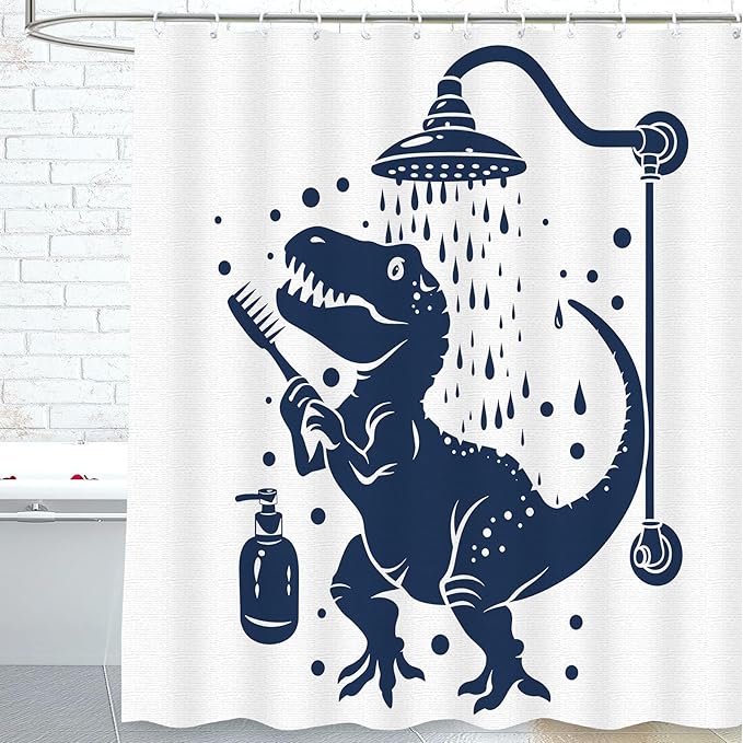 Dinosaur Shower Curtain for Bathroom Dino Shower Curtain for Kids Boy,Trex Raptor Silhouette,Blue White Cartoon Dinosaur Shadow Polyester Shower Curtain Waterproof Washable Durable 12 Hooks 72"x72"