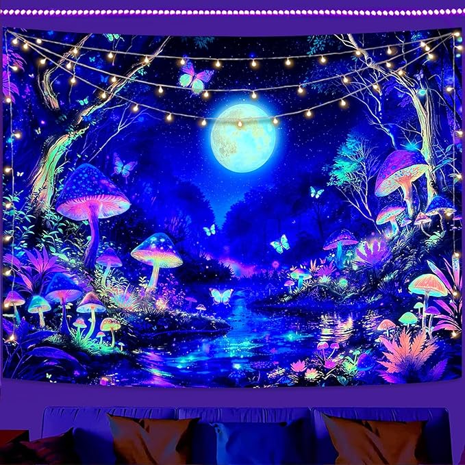 Kanuyee Blacklight Tapestry Butterfly Moon Wall Tapestry Magical Forest Tapestries for Bedroom Magical Tapestries Aesthetic Bedroom Room Decor Moon 44×60 Inches