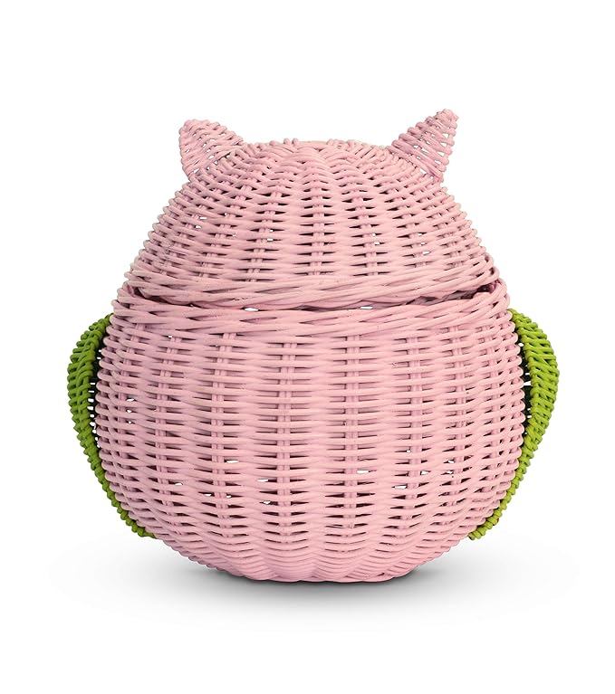 Owl Rattan Storage Basket With Lid Decorative Bin Home Decor Hand Woven Shelf Organizer Cute Handmade Handcrafted Nursery Gift Animal Art Decoration Artwork Wicker Hoot Owl (Large, Pink)