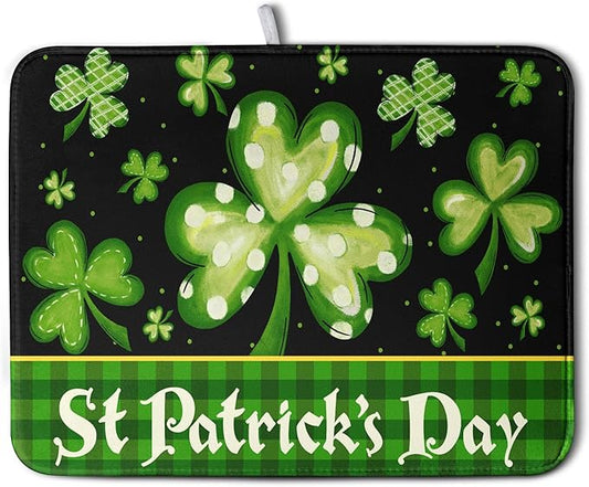Happy St. Patrick's Day Kitchen Drying Mat Green Plaid Lucky Shamrock Clover Dish Drying Mat St Patrick's Day Super Absorbent Dish Dry Pad Microfiber Dish Drainer Mats for Kitchen Counter 18x24 Inch