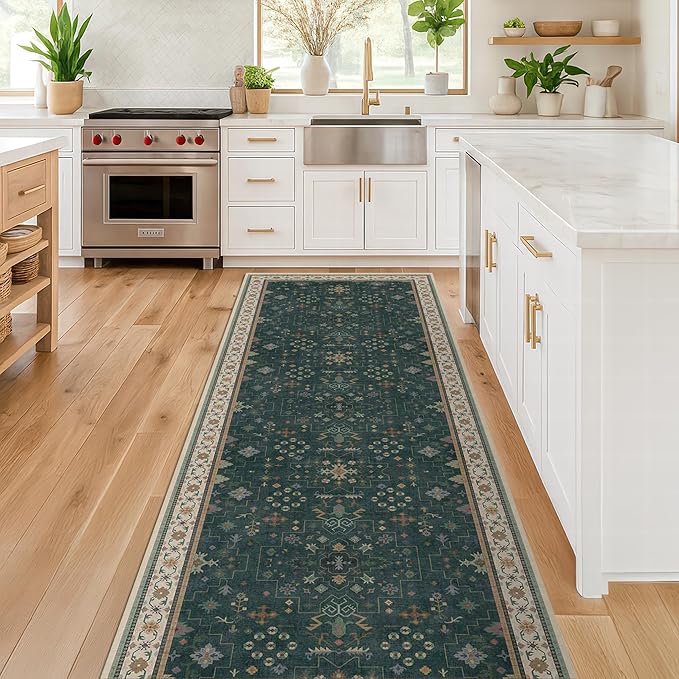 Dark Green Kitchen Rug 10 ft Long - Modern Vintage Boho Unique Floral with Gold Accent, Washable Low Pile Non-Slip Extra Long Wide Runner Rugs for Hallway, 3x10
