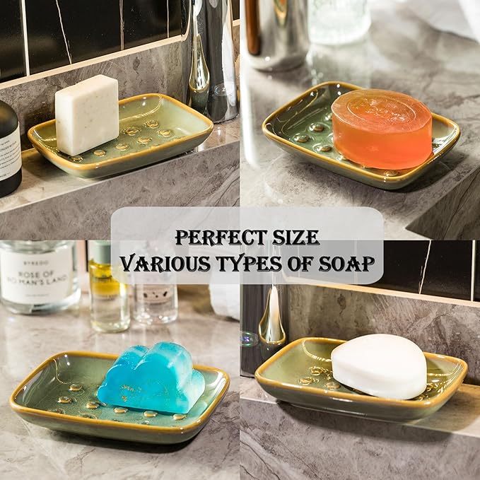 Soap Dish for Shower, Ceramic Soap Dish Non-Slip Soap Holder Bar Saver Tray for Bathroom Kitchen Sink, Floating Point Design Save Soap Loss