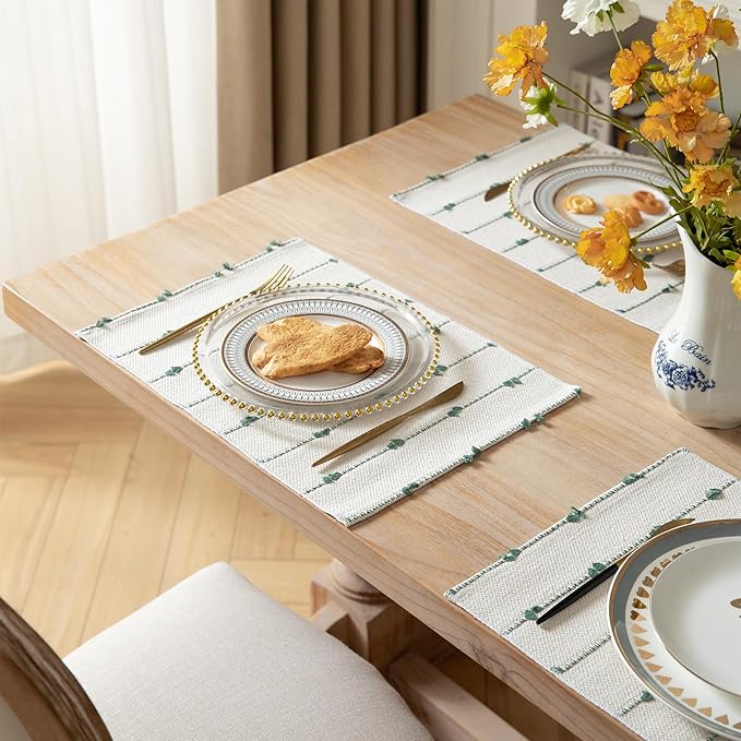 Boho Placemats Set of 6 for Dining Table Decor, Woven Cloth Place Mats for Farmhouse Rustic Kitche Home Decor, Cotton Placemats 13 x 19 Inch, Green and Beige Table mats