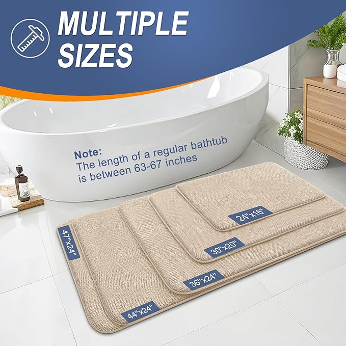 OLANLY Thick Memory Foam Bath Mat Rug 59x20, Extra Soft Absorbent Bathroom Rug, Quick Dry Bath Mats, Non-Slip, Machine Washable Carpet for Bathroom, Tub and Shower, Home Decor Accessories, Beige