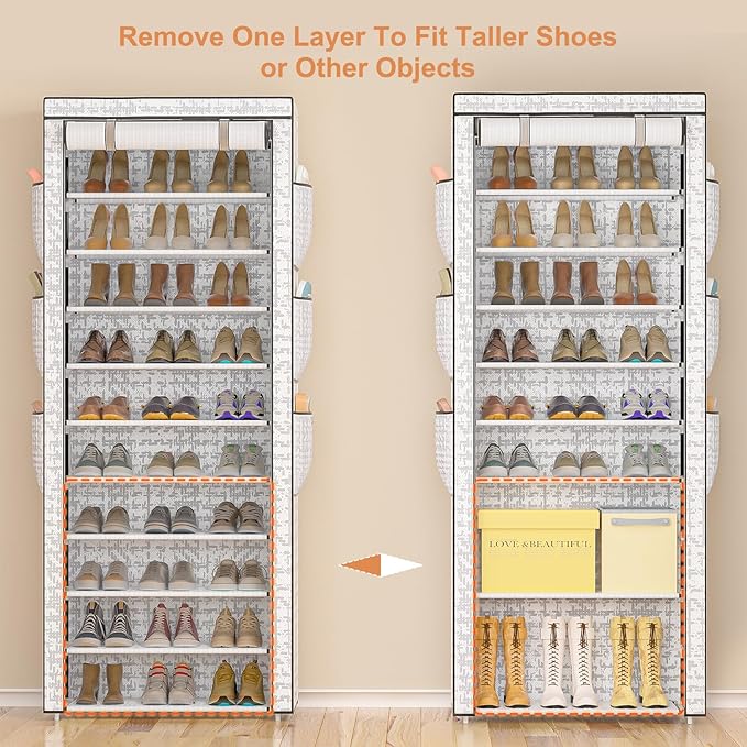 Shoes Rack 10 Tier Tall Shoe Rack with Storage Pockets, Fabric Covered Shoe Racks,Metal Shoes Rack Organizer for Closets,Bedroom, Garage