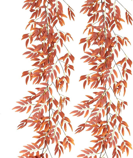 RECUTMS Artificial Hanging Willow Leaves Vine Twigs 2Pcs 5.7Ft Fall Garland Fake Silk Willows Leave Ivy Faux Greenery for Indoor Outdoor Wedding Jungle Birthday Autumn Wreath Thanksgiving Party Decor