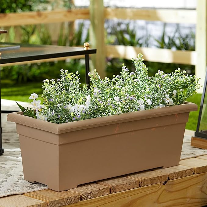 The HC Companies 28 Inch Romana Large Rectangular Planter Box - Lightweight Plastic Outdoor Plant Pot with Drainage for Decks, Patio, Pool, Cappuccino