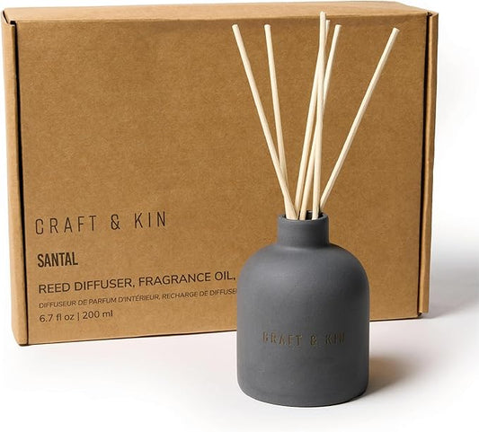 Craft & Kin Reed Diffuser Set - Santal Woods, Reed Diffusers for Home with Fragrance Sticks - The Earthenware Collection, 6.7oz Alcohol-Free, Essential Oils