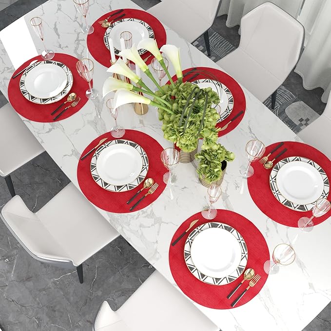 Set of 4 Decorative Round Placemat 15 Inch Soft Linen eco-Friendly Fabric Handcrafted Machine Washable Indoor & Outdoor Tablemat Burgundy