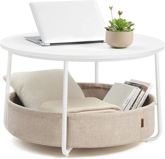 VASAGLE Coffee Table with Storage, Round Center Table for Living Room with Fabric Basket, Modern Style, Metal Frame, Matte White and Camel Brown ULCT244W10
