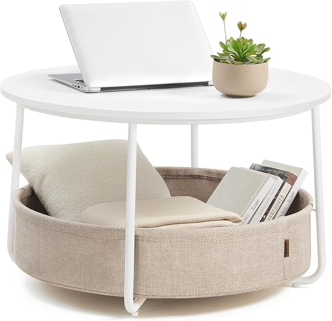VASAGLE Coffee Table with Storage, Round Center Table for Living Room with Fabric Basket, Modern Style, Metal Frame, Matte White and Camel Brown ULCT244W10