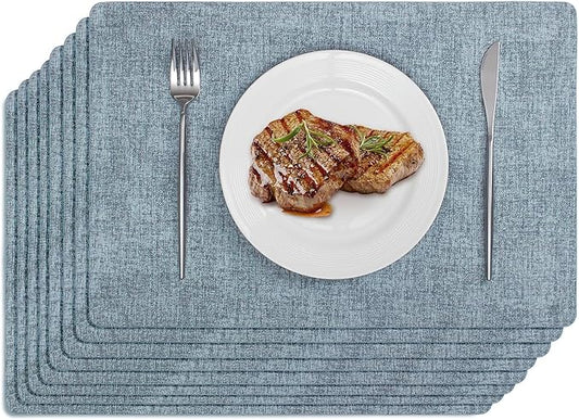 Softalker Faux Leather Placemats Set of 8-Vinyl Heat Resistant Place Mats, 100% Waterproof Oilproof Wipe Clean Table Mats for Indoor & Outdoor Use, 17’’×12’’, Sky Blue