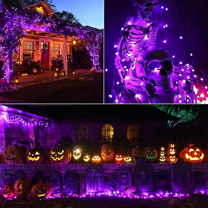 Halloween Decorations Lights, Solar String Outdoor Lights Purple 500LED Solar Outdoor Waterproof 19 Modes Decorations for Fence Balcony Holiday Party