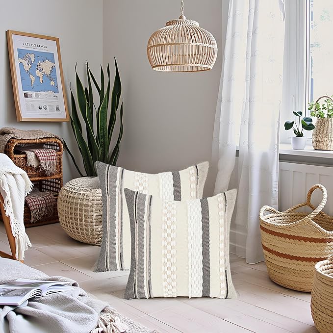 Tosleo Boho Throw Pillow Covers 18x18 Set of 2 Striped Decorative Pillow Cases Accent Chenille Pillowcases Farmhouse Cushion Case Bohemian Nuetral Textured Pillow Cover,White