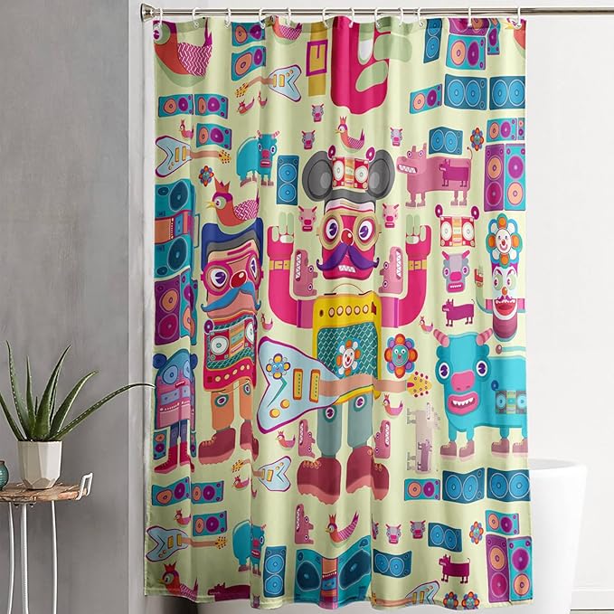 AILONEN Cartoon Robot Shower Curtain Sets,Beautiful Music Guitar Robots Theme Bathroom Decors, 36" W*72" H Cute Shower Curtain for Boys Girls Teens Kids