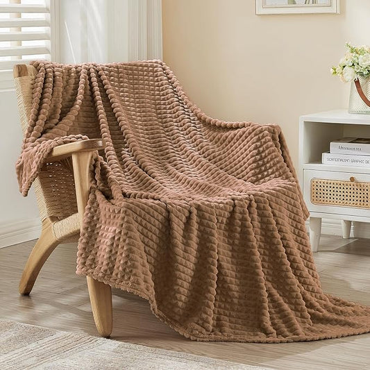 EMME Fleece Blanket Queen Size Luxury Flannel for Couch Bed Sofa Chair, Soft, Plush, Warm and Cozy Blanket with Geometric Grid Design (Brown, 80'' x 90'')