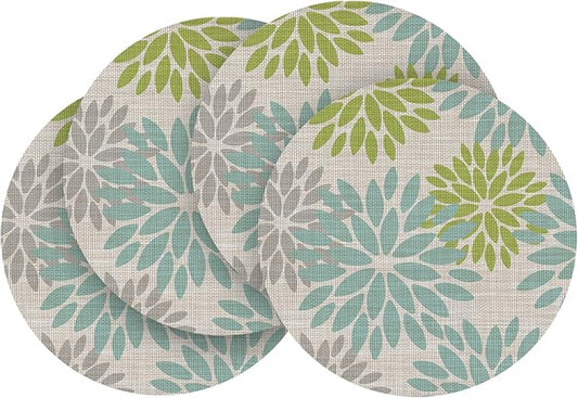Artoid Mode Light Green Dahlia Plastic Round Placemats Set of 4, 14 Inch Seasonal Wipeable Woven Vinyl Table Mats for Farmhouse Party Kitchen Dining Decor