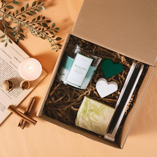 Matcha Latte Gift Set – Soy Wax Candle, Aloe Vera Soap, Ceramic Incense Holder, Heart-Shaped Photo Holders, and Incense Sticks – Perfect for Birthdays, Christmas, and Housewarming Gifts