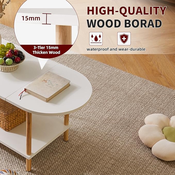 Oval Coffee Table White, Small Wooden Coffee Table for Small Space, Splicing Design 35 * 16 * 17in, 2 Tier Center Table for Living Room White YD-011W