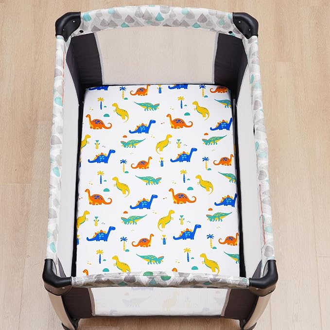david's kids 3 Pack Mini Crib Sheets, Premium Pack N Play Sheets for Boys Girls Neutral, Soft Breathable Baby Sheets Fit Pack N Play, Playard and Mini Crib Mattresses, Dinosaur