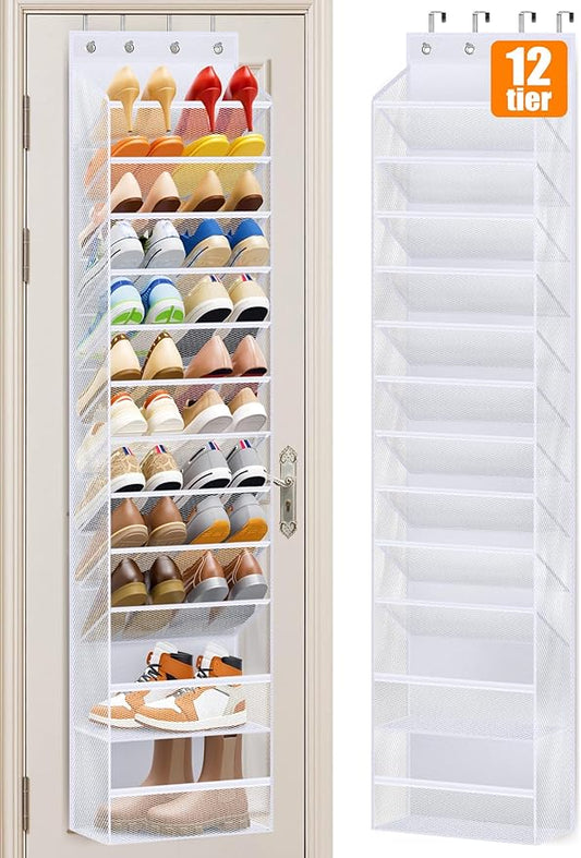 MISSLO 12 Tier Over the Door Shoe Organizer Hanging Shoe Rack for Closet Storage Sneaker Holder for Door Fit 24 Pairs Sandals, Heels, Boots (White)