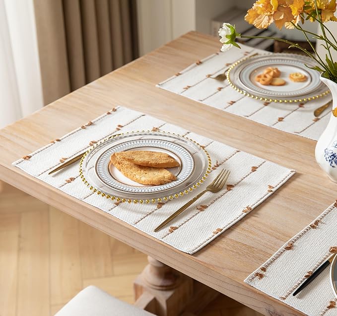 Boho Placemats Set of 4 for Dining Table Decor, Woven Cloth Place Mats for Farmhouse Rustic Kitche Home Decor, Cotton Placemats 13 x 19 Inch, Brown and Beige Table mats
