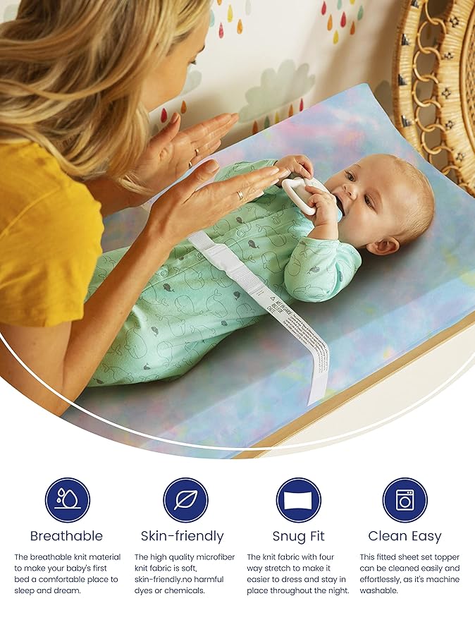 TotAha Premium Stretchy Changing Pad Covers (2-Pack)-Hypoallergenic, Silky Comfort, Buttery Soft, Calming Effect, All-Season Jersey-Knit 32 X 16 X 5''(Rainbow & Tie dye)