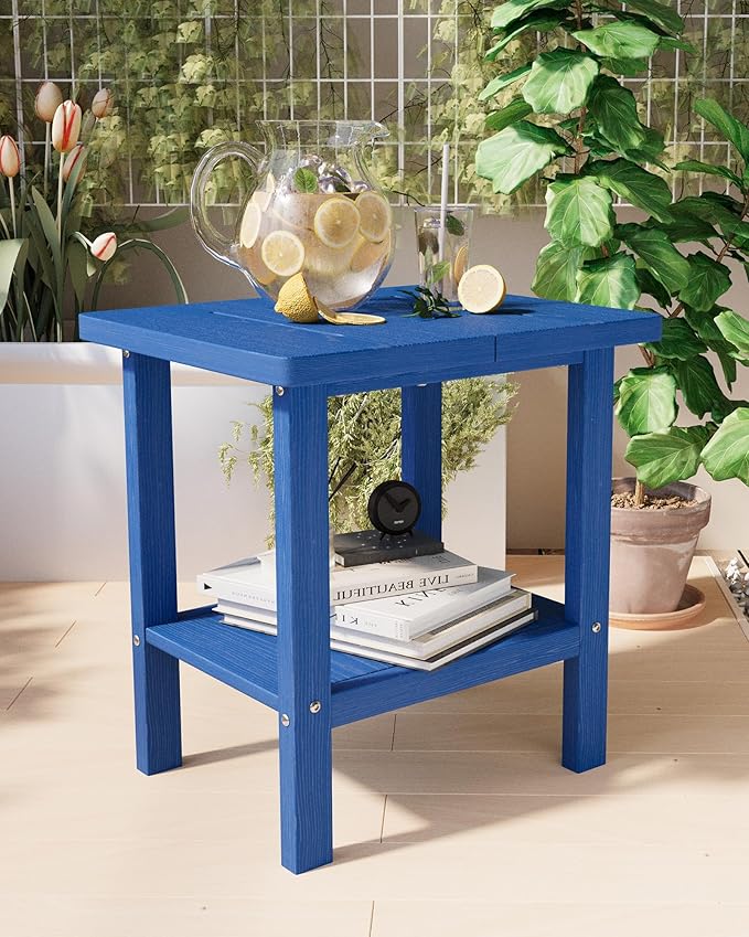 2-Tier Adirondack Square Outdoor Side Table, Pool Composite Patio Table, Weather Resistant End Table for Patio, Backyard, Pool, Easy Maintenance - Navy