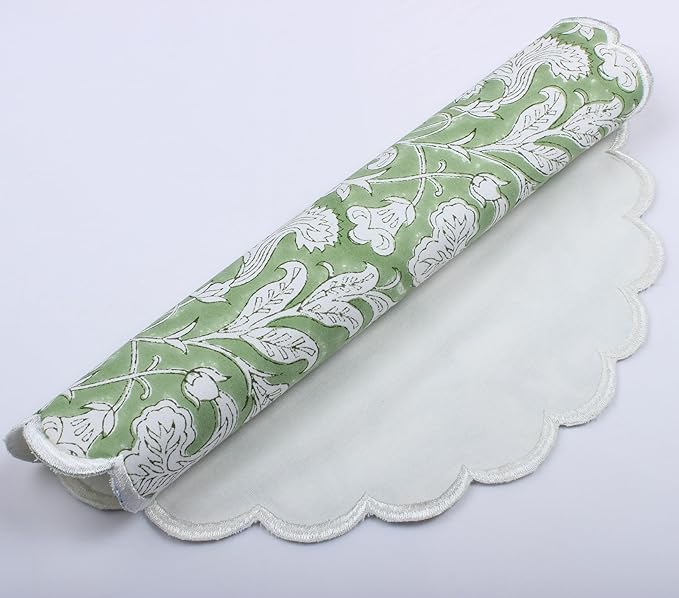 Ridhi Bo-ho Round Place Mat Double Layer Floral Cotton Washable Placemats 15" Round Embroidery Block Print Table Mat (Pack of 4-15 Inch Round, Sage Green)