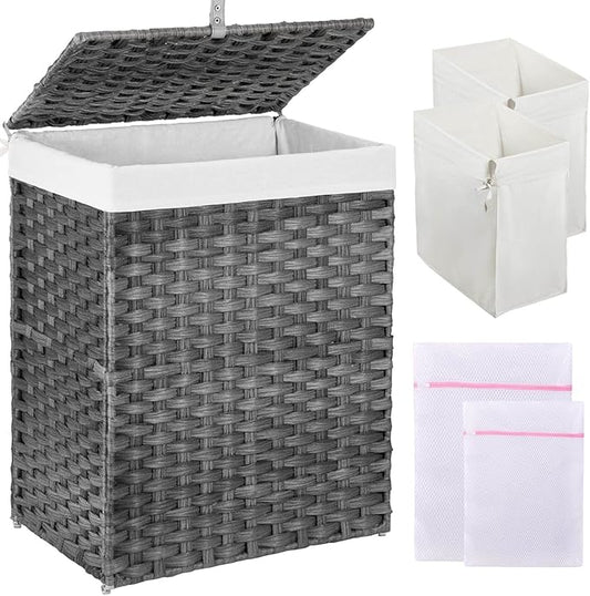 Greenstell Laundry Hamper with Lid, 90L Clothes Hamper with 2 Removable Liner Bags & 2 Mesh Laundry Bags, Handwoven Synthetic Rattan Laundry Basket for Clothes, Toys in Bathroom, Bedroom Grey