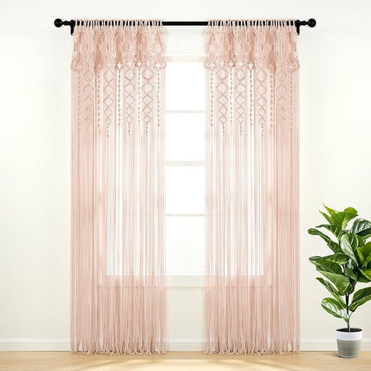 Lush Decor Boho Macrame Textured Cotton Window Curtain Panel, Single Panel, 40" W x 84" L, Blush - Doorway Curtain - Room Divider, Wedding Or Wall Decor - Boho Curtain - Macrame Curtains for Windows
