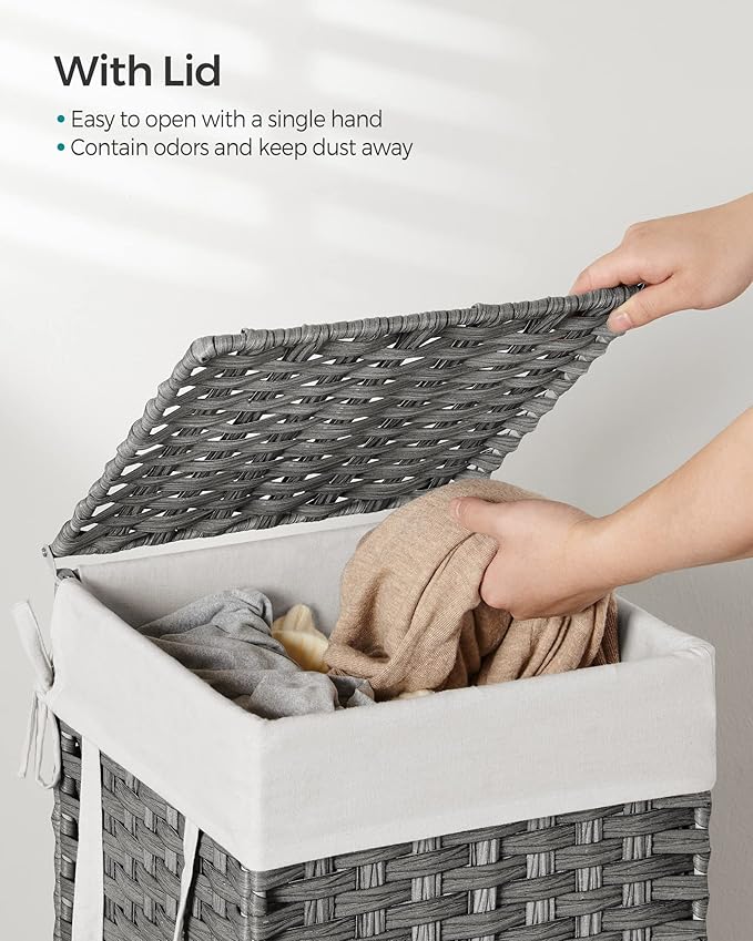 SONGMICS Laundry Hamper with Lid, 17.2 Gallon (65 L) Synthetic Rattan Clothes Laundry Basket with Lid and Handles, Foldable, Removable Liner, Dove Gray ULCB165G01