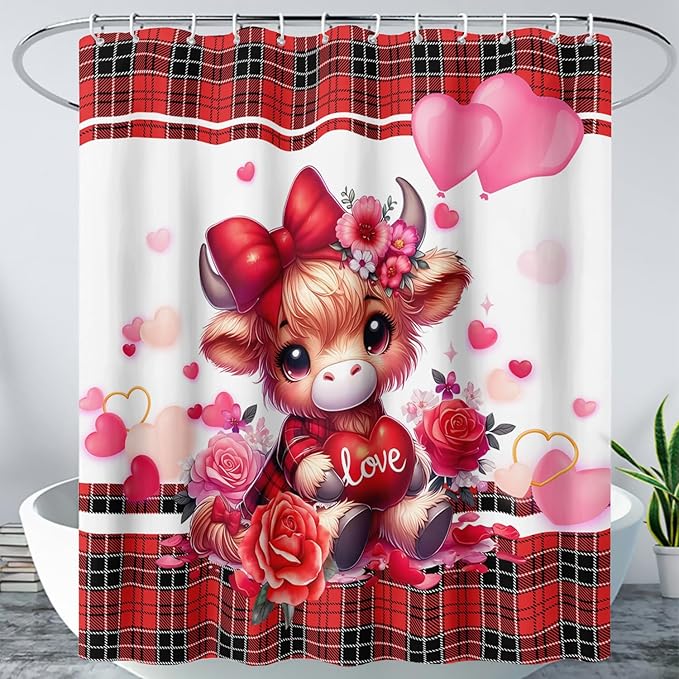 AILONEN Cartoon Yak Shower Curtain Set, Lovely Red Rose Cow Polyester Waterproof Shower Curtain for Bathroom,Love Scottish Tartan Theme Cloth Bath Curtain Set with Hooks,72" Wx72 H