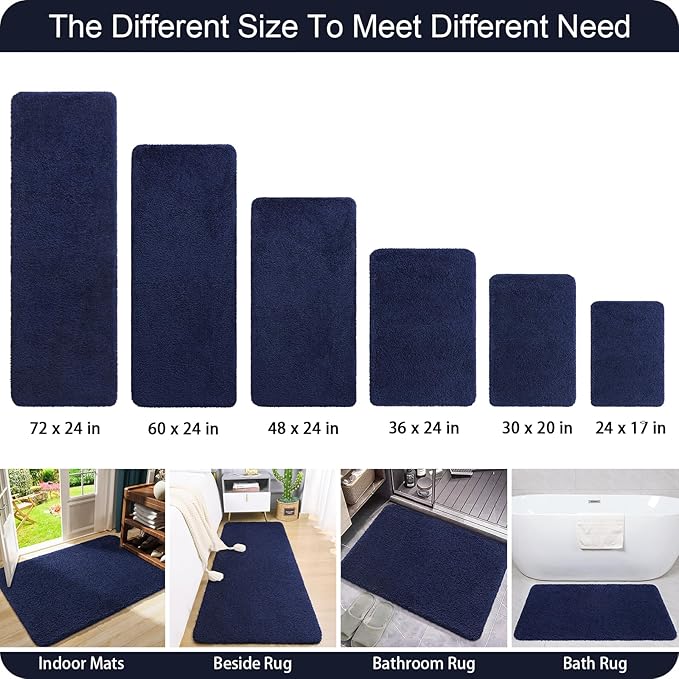 AROGAN Luxury Long Bathroom Runner Rug, 24x48 Inch Thick Soft and Absorbent Microfiber Non Slip Bath Mat, Rubber Backing Quick Dry Rugs Carpets, Machine Washable Plush Mats for Shower Floor, Navy Blue