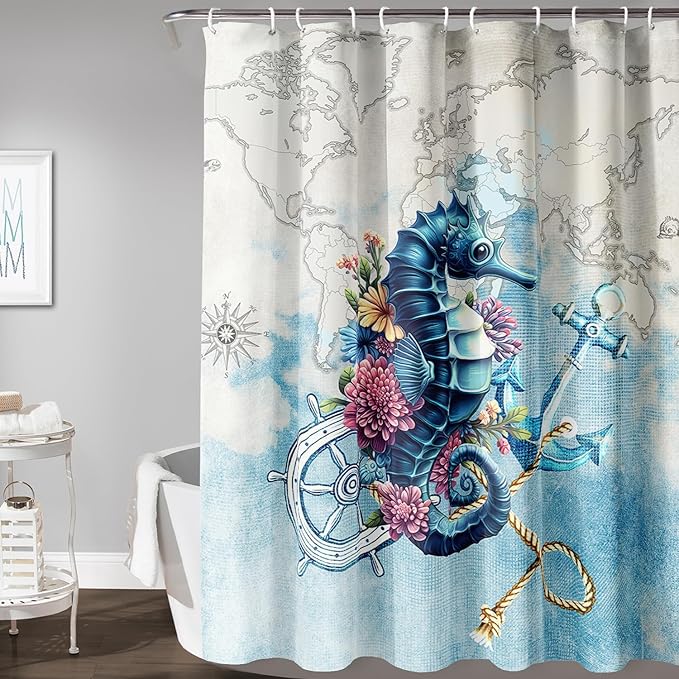 AILONEN Seahorse Shower Curtain for Bathroom,Nautical Coast Retro Map Ocean Bath Curtain 60" W*72" H,Blue Sea Animal Print Decorative Waterproof Curtain with 12 Plastic Hooks