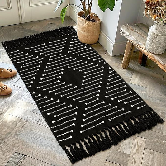 Tritard Boho Kitchen Runner Rug 2x4.3 Thin Woven Cotton Hallway Rugs with Tassels Washable Aztec Carpet Farmhouse Bathroom Area Rug Front Porch Bath Mat for Entryway, Laundry, Doorway, Black White