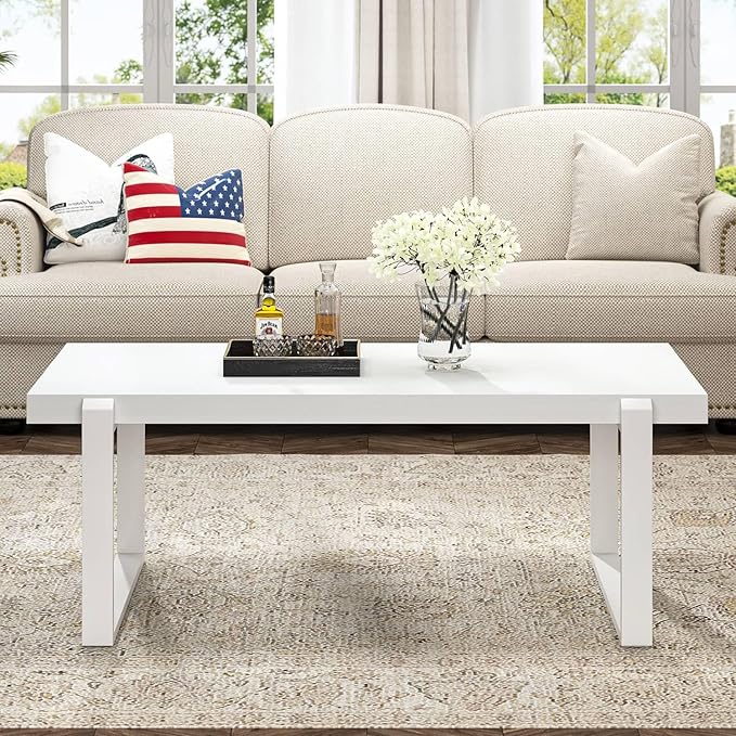 FOLUBAN White Coffee Table, Modern Rustic Wood and Metal Center Table, Rectangle Cocktail Tea Table for Living Room, 47 Inch