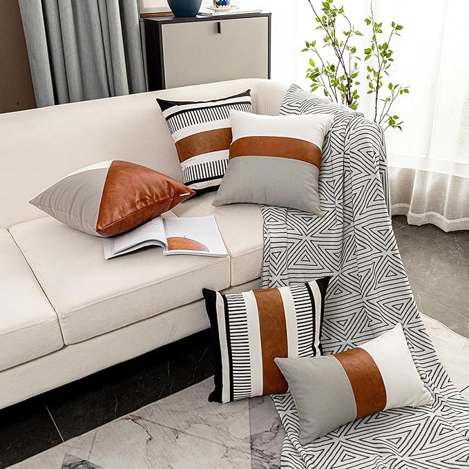 Set of 2 Boho Decor Faux Leather and Cotton Throw Pillow Covers 24x24 Rustic Canvas Cushion Cover Black White Farmhouse Stripe Pillow Case for Sofa Couch Chair Bedroom