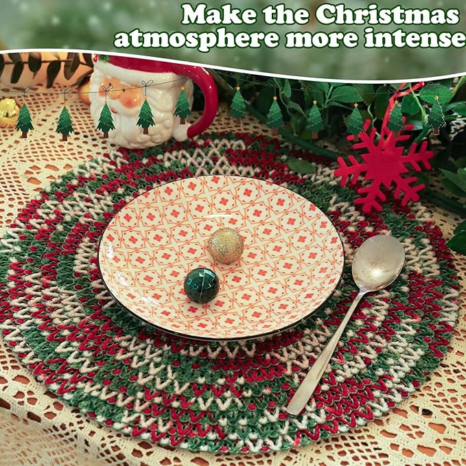 Noctiflorous 15 Inch Round Placemats Set of 12 Durable Braided Woven Heat Resistant Table Mats for Indoor Outdoor Non Slip Dining Table Place Mats(01 Christmas, 12)