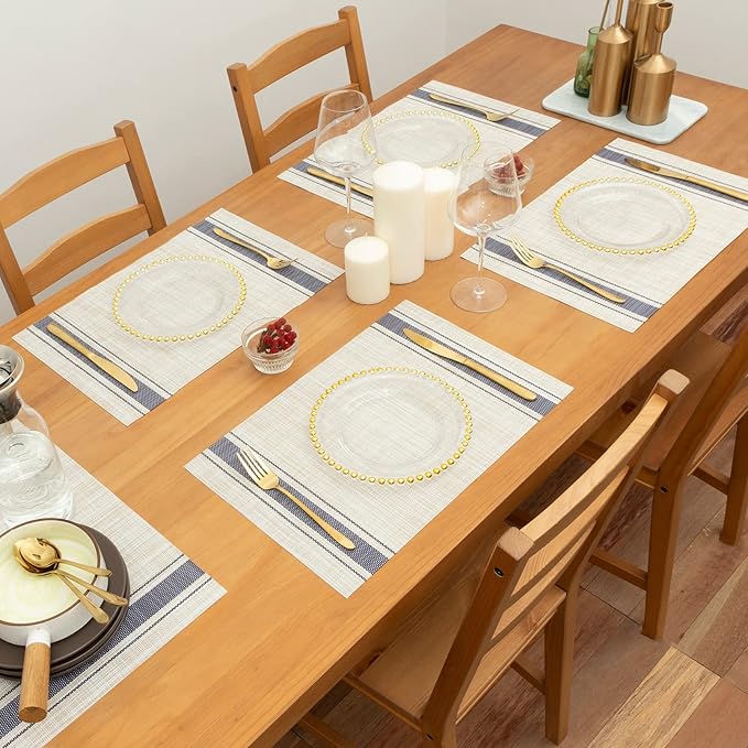 Winknowl Placemats, Set of 8 Heat Resistant Stain Resistant Non-Slip Woven Vinyl Insulation Placemats, Washable Durable Elegant Table Mats for Dining (Beige Blue)