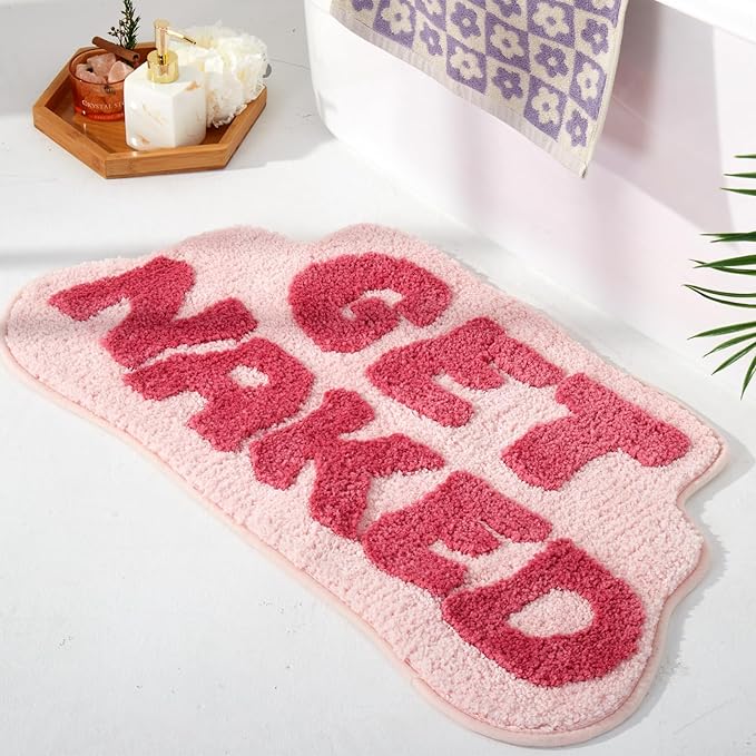 Irregular Shaped Get Naked Bath Mat Pink - Fun Bath mat, Small Preppy Bathroom Decor, Funny Aesthetic Bathroom Rugs for Apartmen Decor, Non-Slip Hot Pink Bath Rugs for Girls 31" x 18"